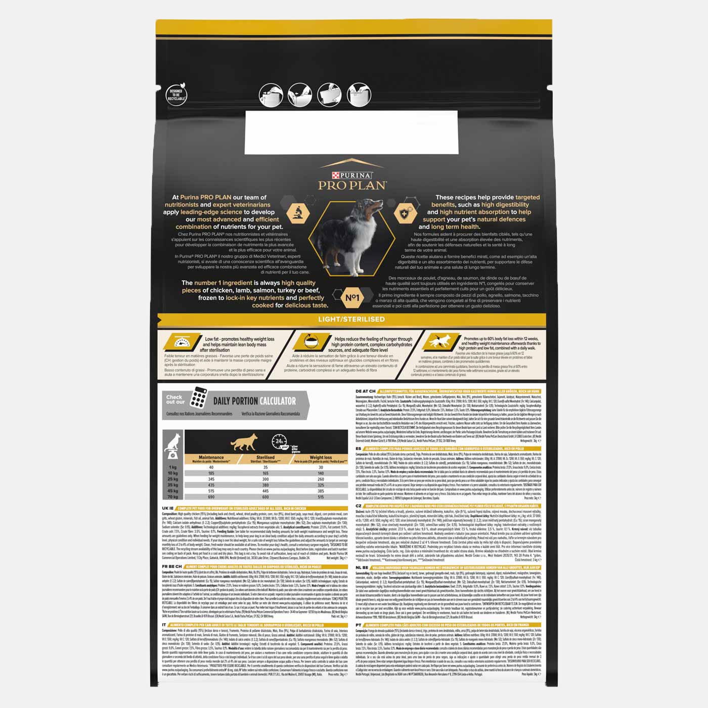 PRO PLAN Light/Sterilised Chicken Dry Dog Food 3kg