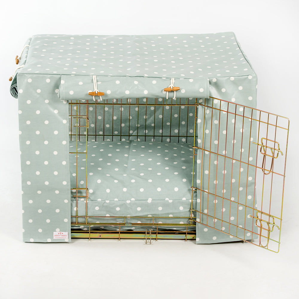 Luxury Dog Crate Cover, Duck Egg Spot Oil Cloth Crate Cover The Perfect Dog Crate Accessory, Available To Personalise Now at Lords & Labradors