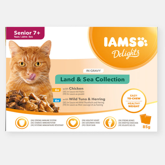 IAMS Delights Senior Cat Food Land & Sea Collection in Gravy (8 x 85g)