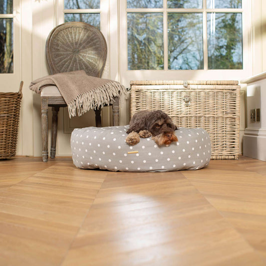Discover Our Handmade Luxury Donut Dog Bed, In Grey Spot, The Perfect Choice For Puppies Available Now at Lords & Labradors 
