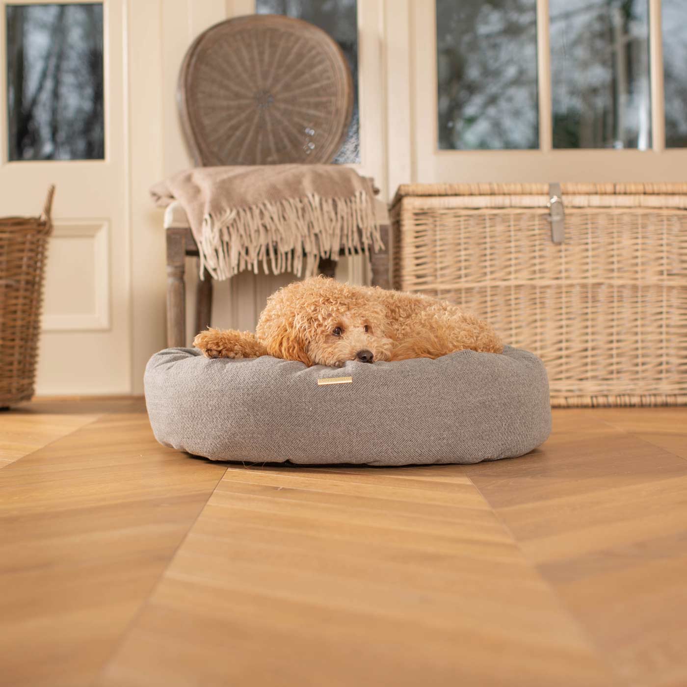 Discover Our Handmade Luxury Donut Dog Bed, In Pewter Herringbone Tweed, The Perfect Choice For Puppies Available Now at Lords & Labradors 
