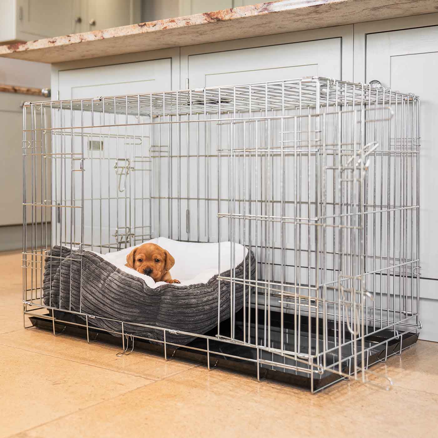 Cosy & Calm Puppy Crate Bed, The Perfect Dog Crate Accessory For The Ultimate Dog Den! In Stunning Dark Grey Essentials Plush! Available Now at Lords & Labradors
