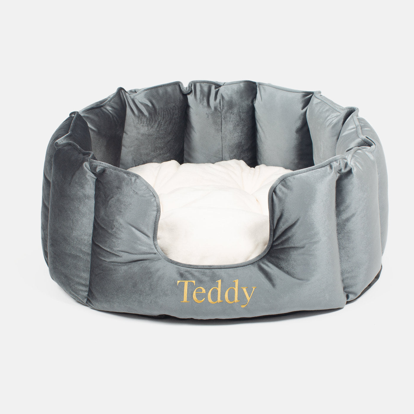 Discover Our Luxurious High Wall Velvet Bed For Dogs, Featuring inner pillow with plush teddy fleece on one side To Craft The Perfect Dogs Bed In Stunning Elephant Velvet! Available To Personalise Now at Lords & Labradors