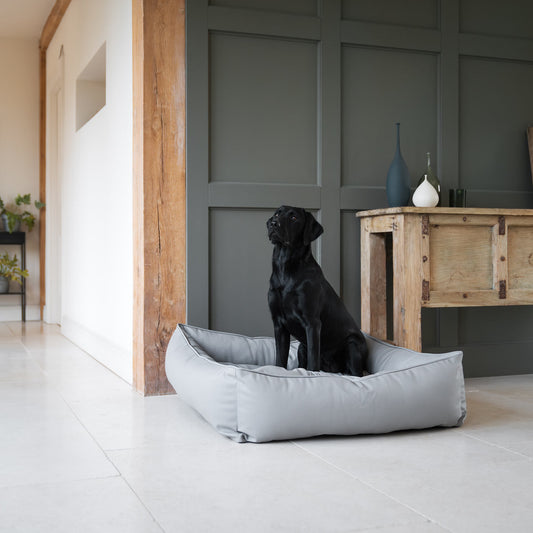 Luxury Handmade Box Bed in Rhino Tough Faux Leather, in Granite, Perfect For Your Pets Nap Time! Available To Personalise at Lords & Labradors
