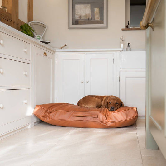 Luxury Dog Cushion in Rhino Tough Ember Faux Leather, The Perfect Pet Bed Time Accessory! Available Now at Lords & Labradors