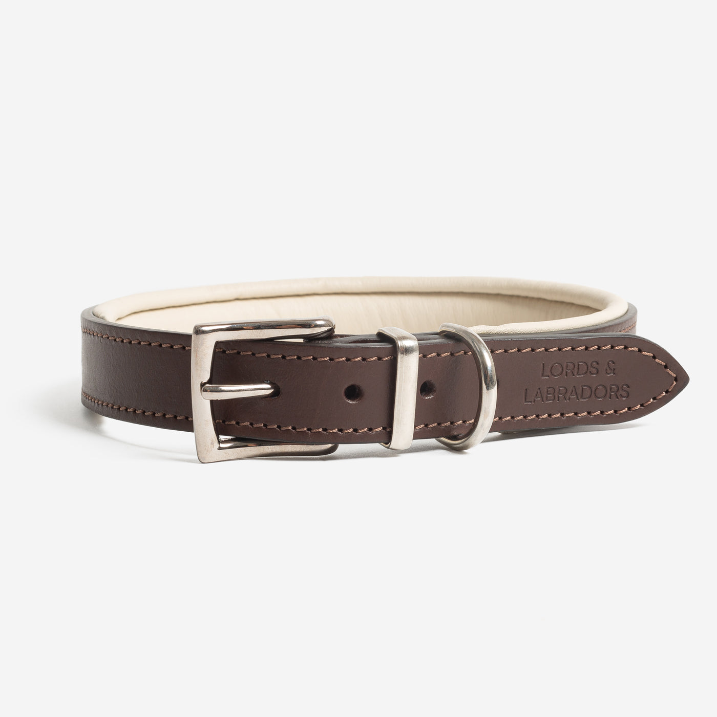 Discover dog walking luxury with our handcrafted Italian padded leather dog collar in Brown & Cream! The perfect collar for dogs available now at Lords & Labradors