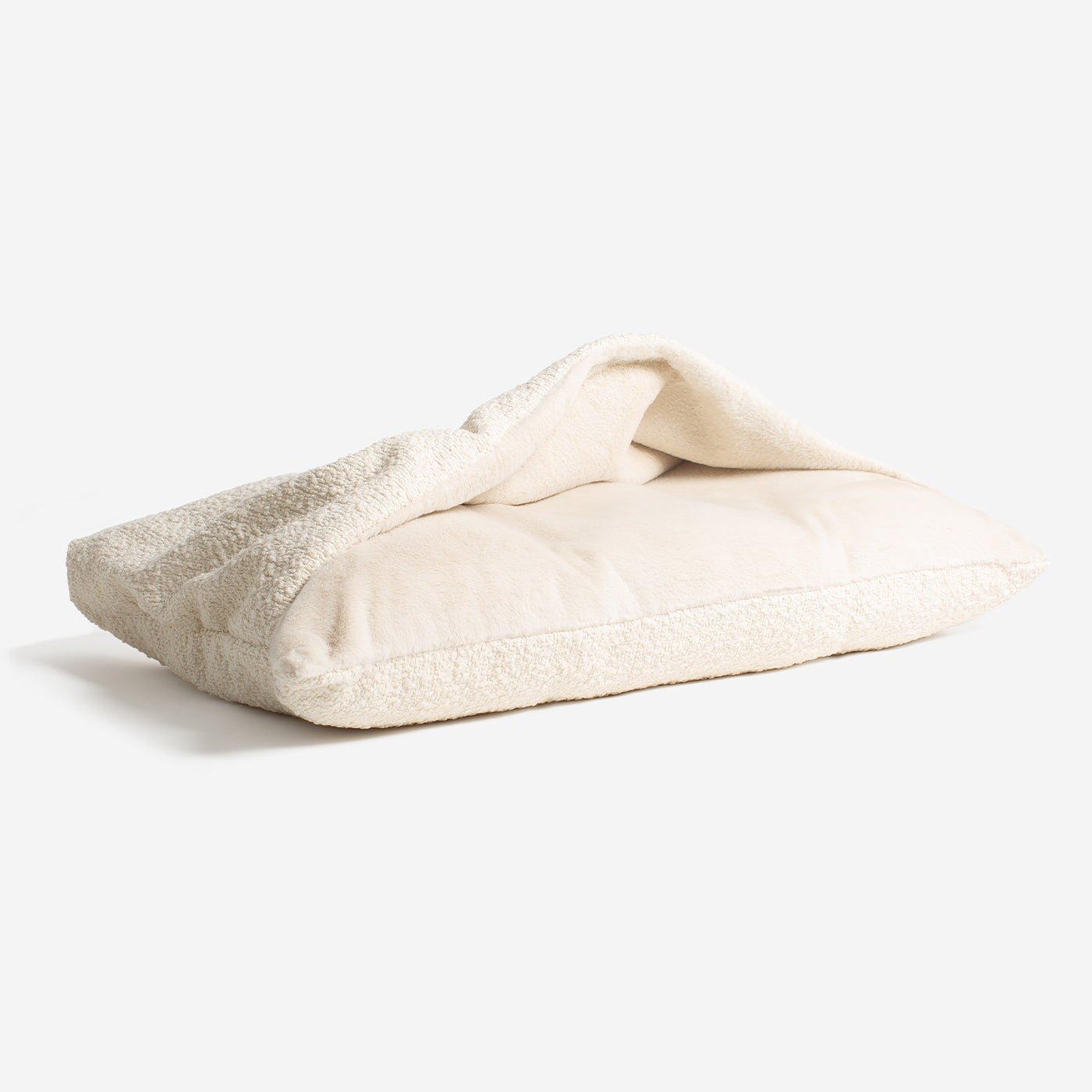 Luxury Ivory Boucle Sleepy Burrow Valentine Edition, The Perfect bed For a Pet to Burrow. Available To Personalise In Stunning Ivory Bouclé Here at Lords & Labradors