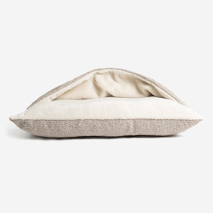 Luxury Mink Boucle Sleepy Burrow, The Perfect bed For a Pet to Burrow. Available To Personalise In Stunning Mink Bouclé Here at Lords & Labradors