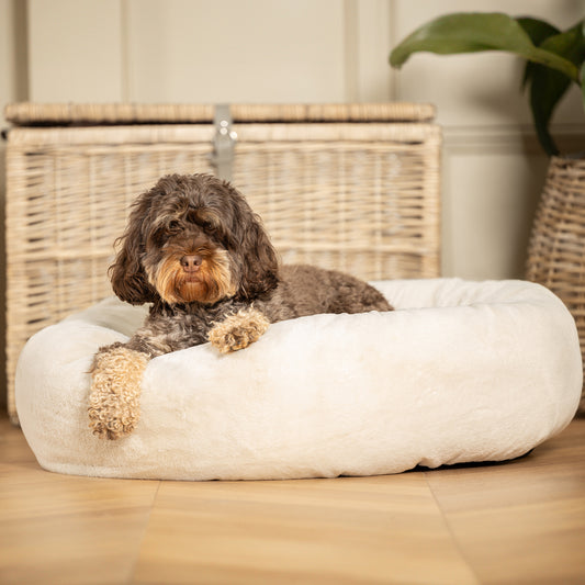 Luxury Donut Anti-Anxiety Dog Bed, In Stunning Cream Faux Fur, Perfect For Your Pets Nap Time! Available Now at Lords & Labradors 