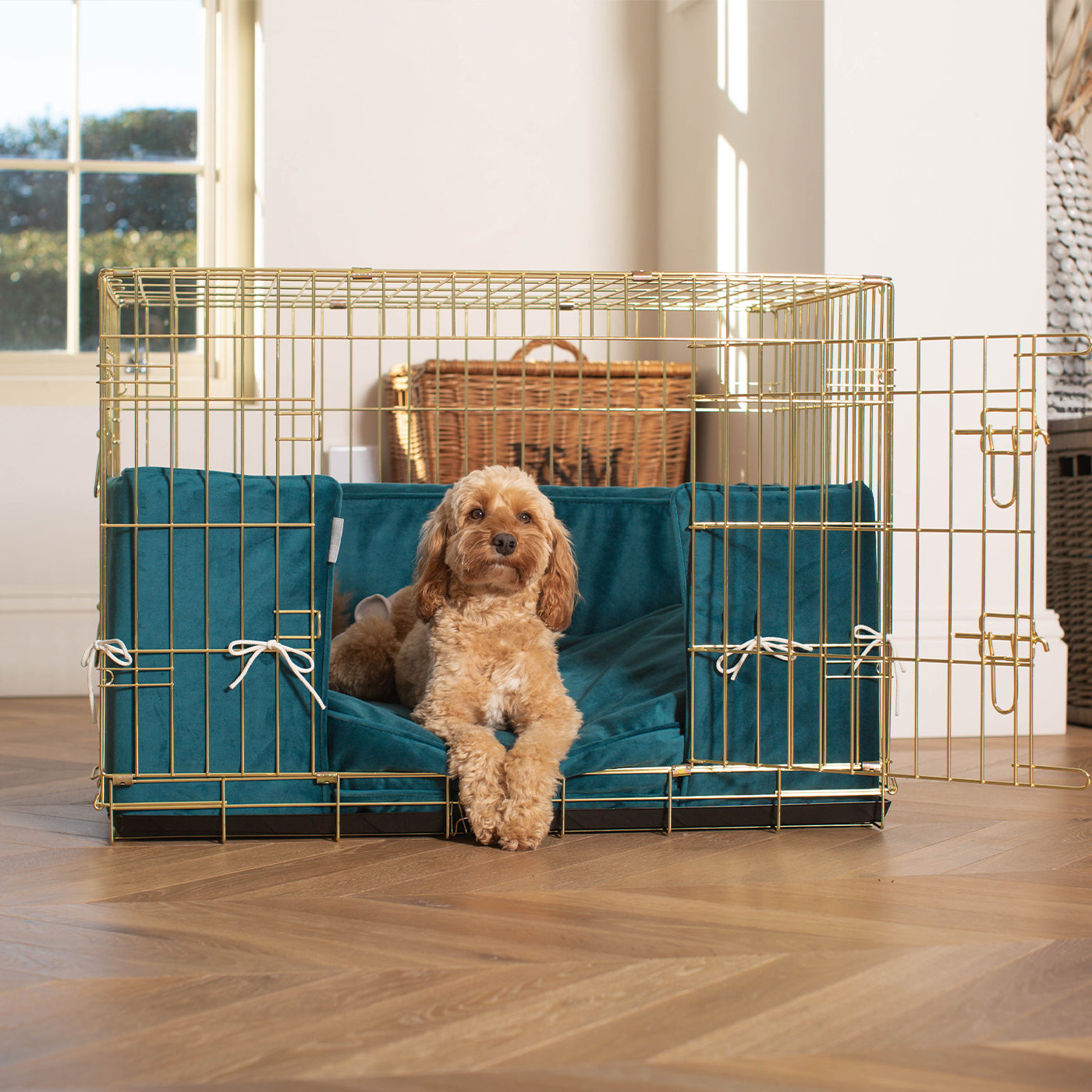 Dog Crate with Cushion & Bumper in Marine Velvet by Lords & Labradors