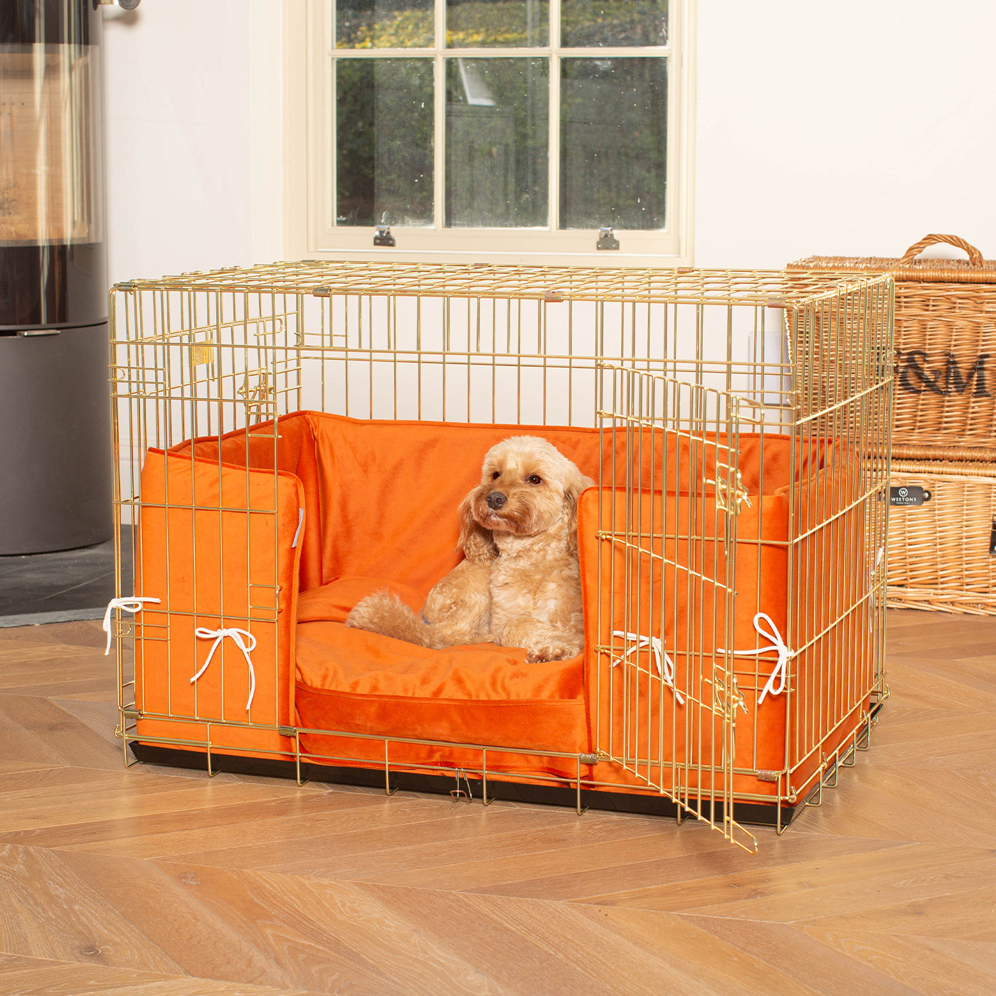 Image showcasing Pumpkin Velvet Cushion, Bumper & Dog Crate Set | Bedding | Lords ...