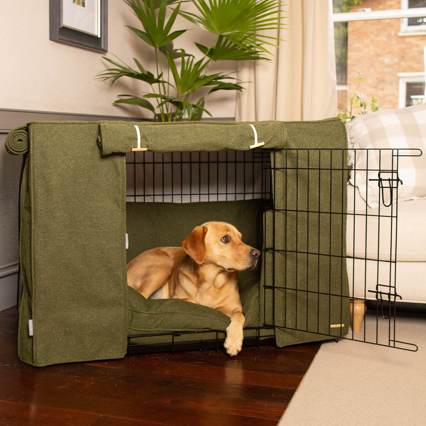 Image showcasing Dog Crate Set In Moss Orkney Tweed | Dog Bedding Crate Set | Lords ...