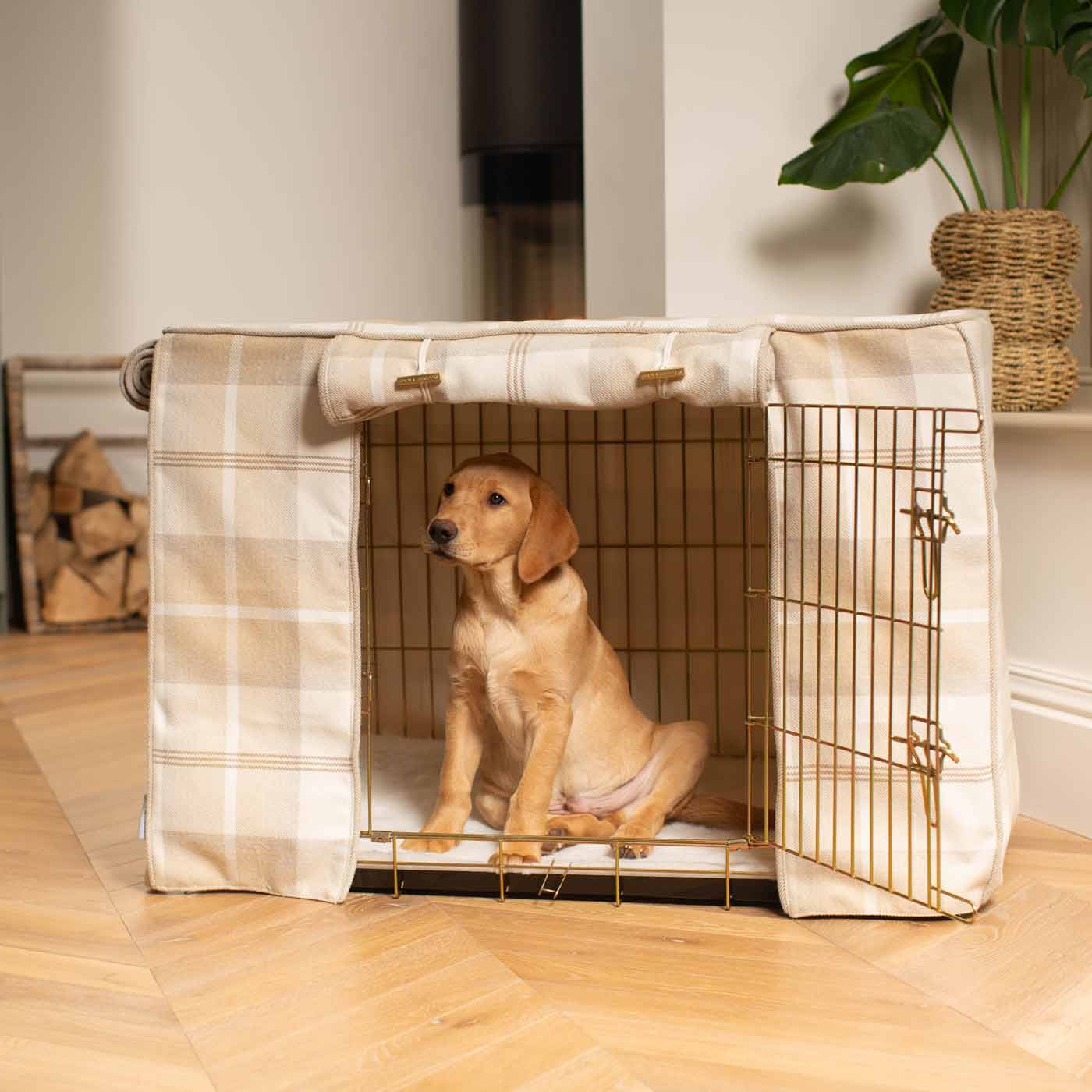 Discover Our Deluxe Heavy Duty Dog Crate With Balmoral Natural Tweed Crate Cover The Perfect Crate Accessory For The Ultimate Pet Den. Available To Personalise Here at Lords & Labradors 