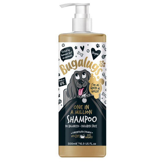 Discover, Bugalugs One in a Million Shampoo. Features a balanced PH, concentrated formula soothes and nourishes coat and sensitive skin. Available in two sizes 500ml or 1Litre. Suitable for puppies 8 weeks and older. Shop Now at Lords and Labradors