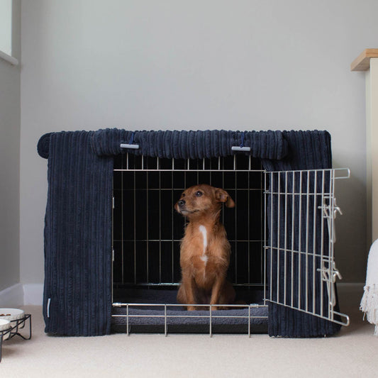 Discover our Luxury Dog Crate Cover, in Navy Essentials Plush. The Perfect Dog Crate Accessory, Available To Personalise Now at Lords & Labradors