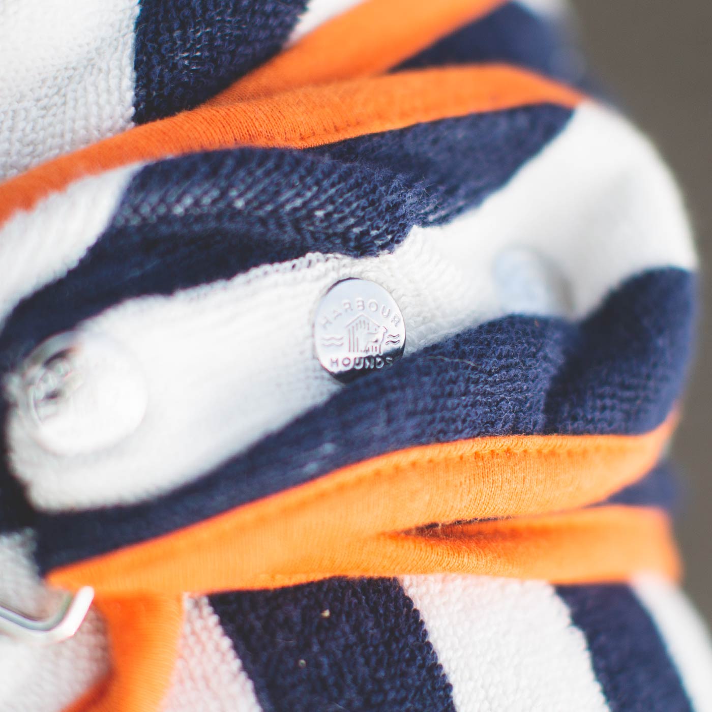 Harbour Hounds blue stripe drying robe close up of clasp