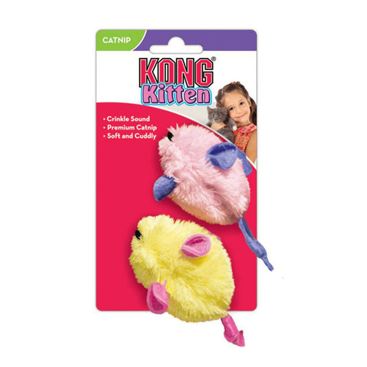 KONG Catnip Kitten Mice 2-Pack Pink and Yellow in Packaging