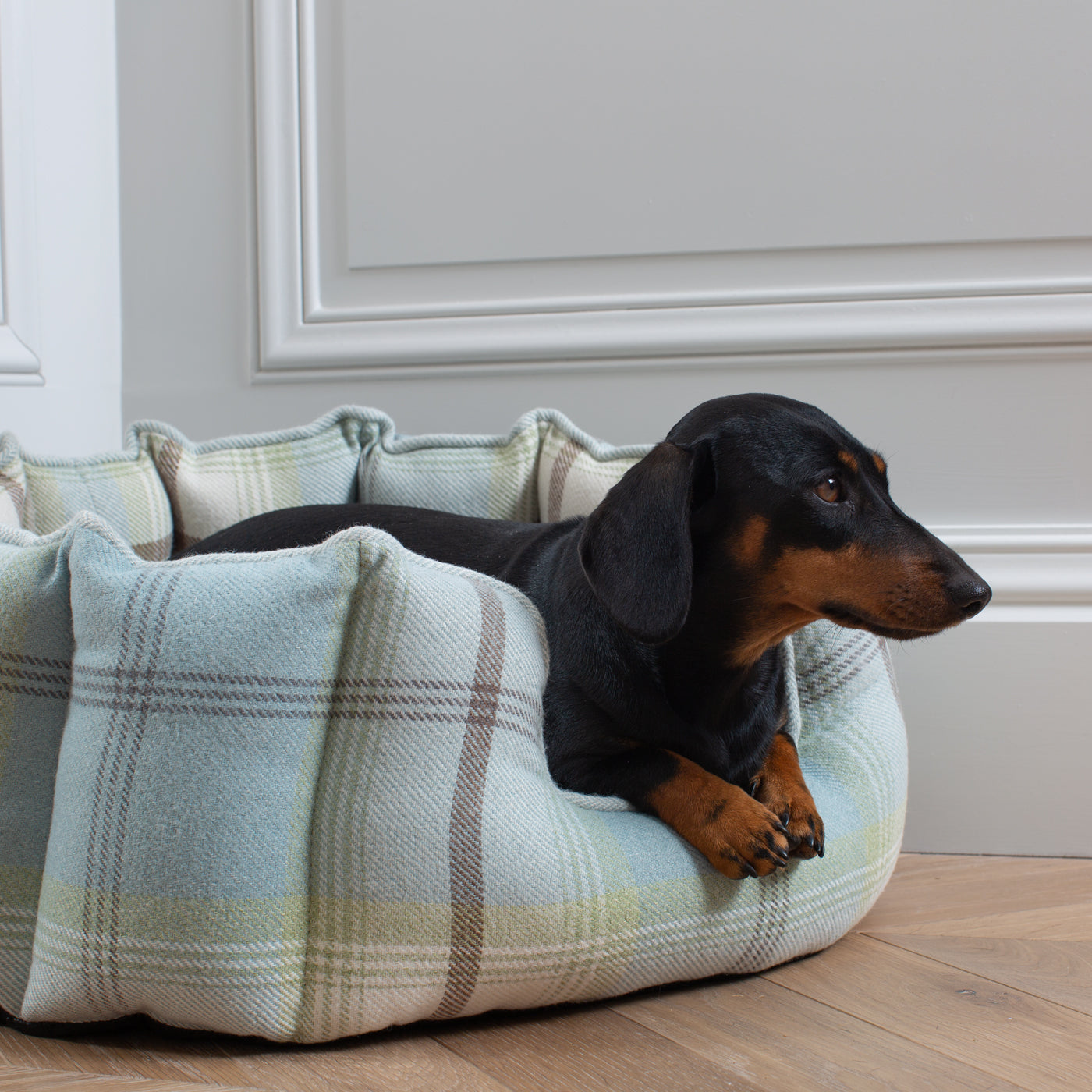 Discover Our Luxurious High Wall Bed For Dogs, Featuring inner pillow with plush teddy fleece on one side To Craft The Perfect Dogs Bed In Stunning Duck Egg Tweed! Available To Personalise Now at Lords & Labradors