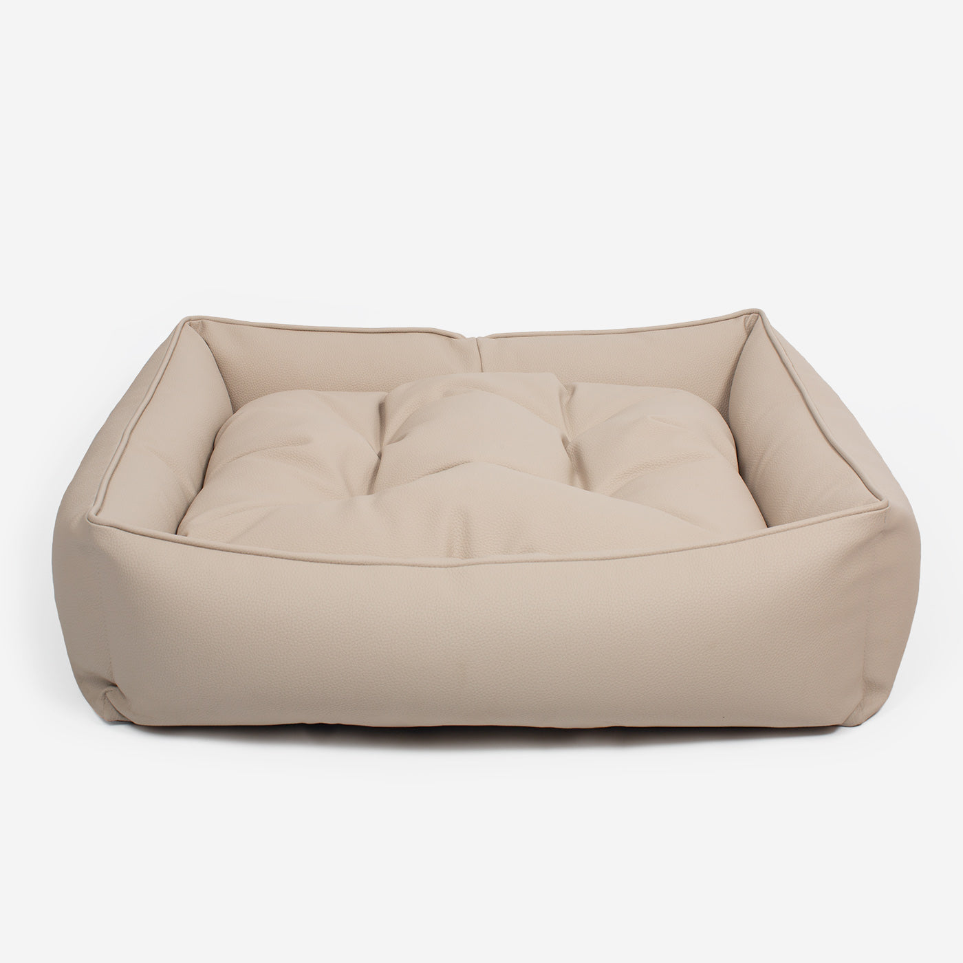 [color:sand] Luxury Handmade Box Bed in Rhino Tough Faux Leather, in Sand, Perfect For Your Pets Nap Time! Available To Personalise at Lords & Labradors