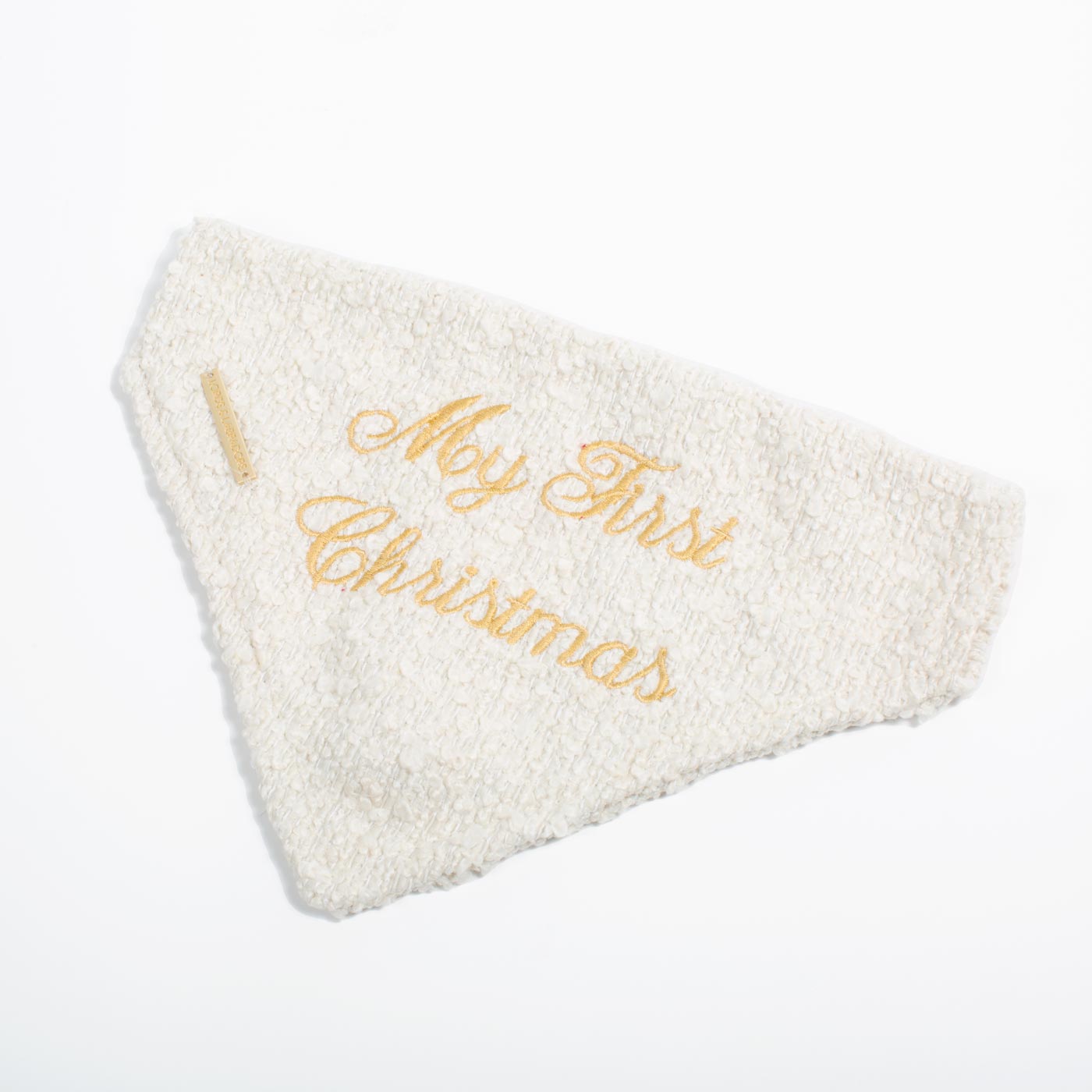 Discover The Perfect Bandana For Dogs, ' My First Christmas ' Dog Bandana In Luxury Ivory Bouclé, Available To Now at Lords & Labradors