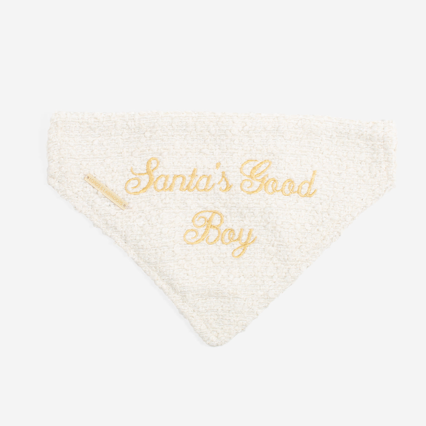 Discover The Perfect Bandana For Dogs, ' Santa's Good Boy ' Dog Bandana In Luxury Ivory Bouclé, Available To Now at Lords & Labradors
