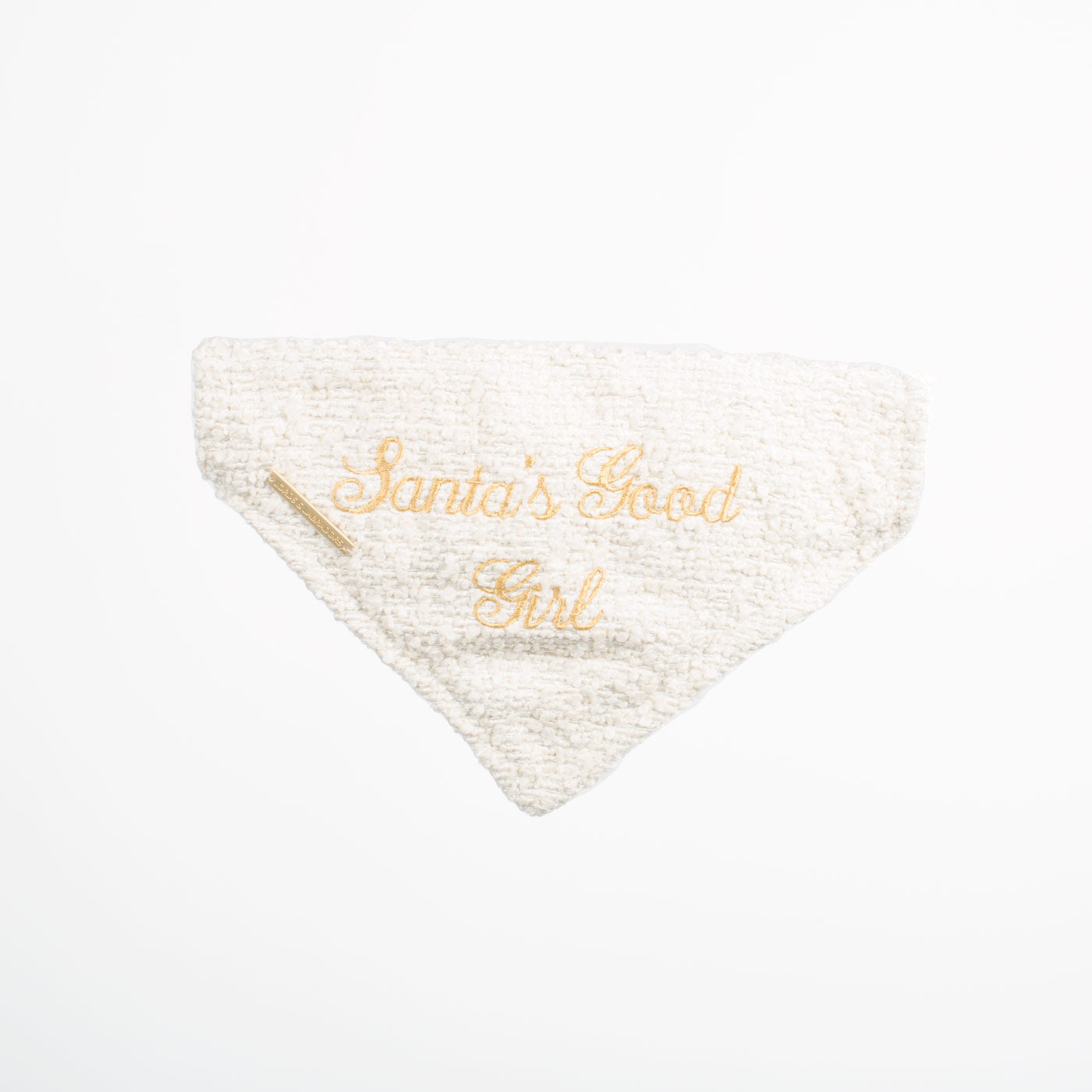 Discover The Perfect Bandana For Dogs, ' Santa's Good Girl ' Dog Bandana In Luxury Ivory Bouclé, Available To Now at Lords & Labradors