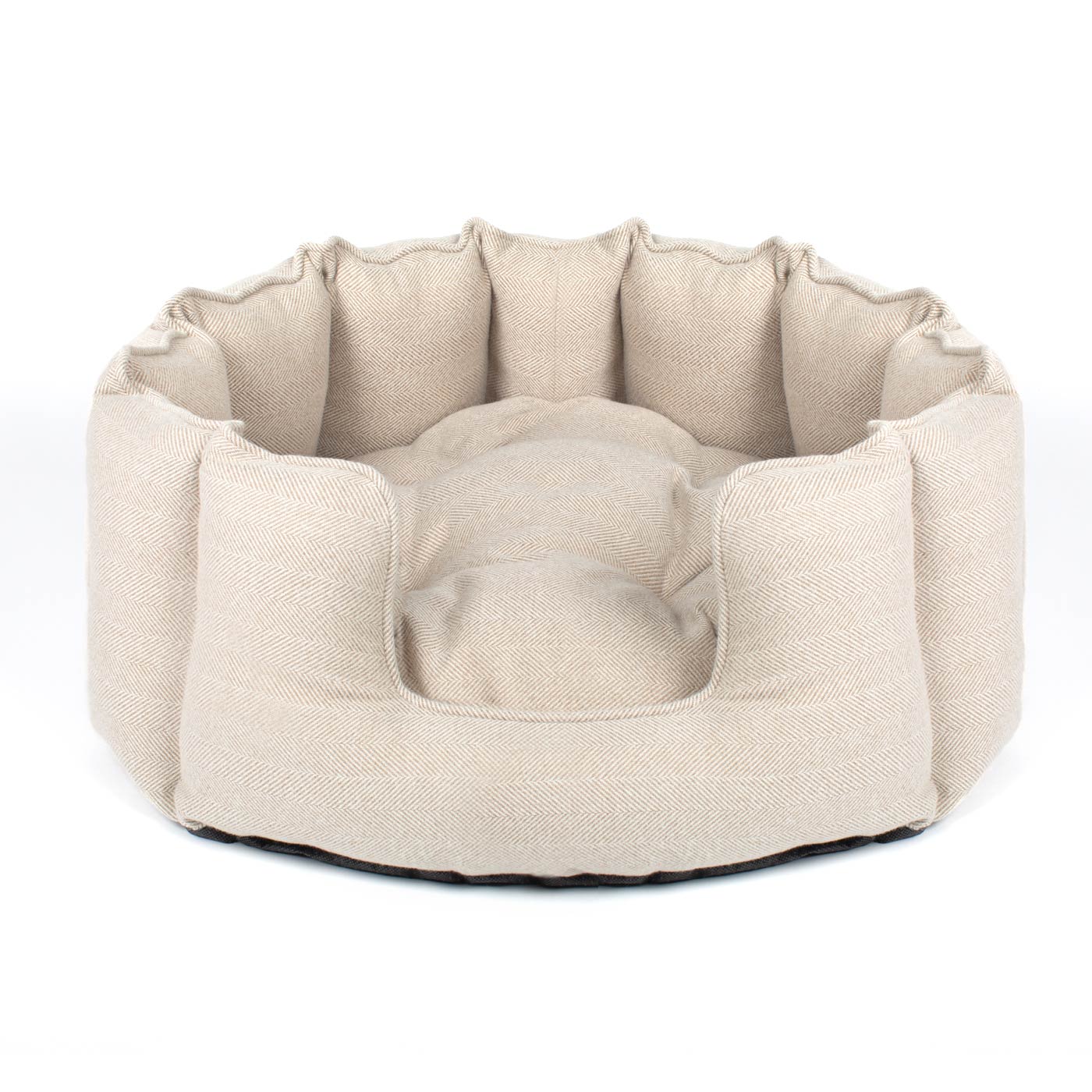 Discover Our Luxurious High Wall Bed For Dogs, Featuring inner pillow with plush teddy fleece on one side To Craft The Perfect Dogs Bed In Stunning Natural Herringbone Tweed! Available To Personalise Now at Lords & Labradors