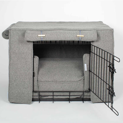 Luxury Heavy Duty Dog Crate, In Stunning Pewter Herringbone Tweed Crate Set, The Perfect Dog Crate Set For Building The Ultimate Pet Den! Dog Crate Cover Available To Personalise at Lords & Labradors