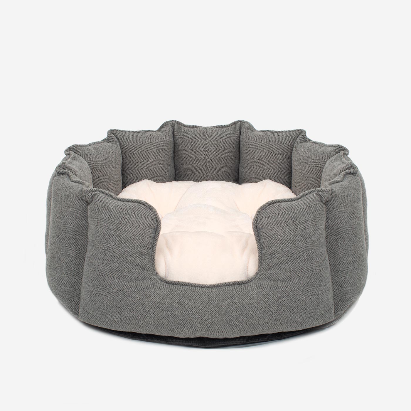 Discover Our Luxurious High Wall Bed For Cats, Featuring inner pillow with plush teddy fleece on one side To Craft The Perfect Cat Bed In Stunning Pewter Herringbone Tweed! Available To Personalise Now at Lords & Labradors