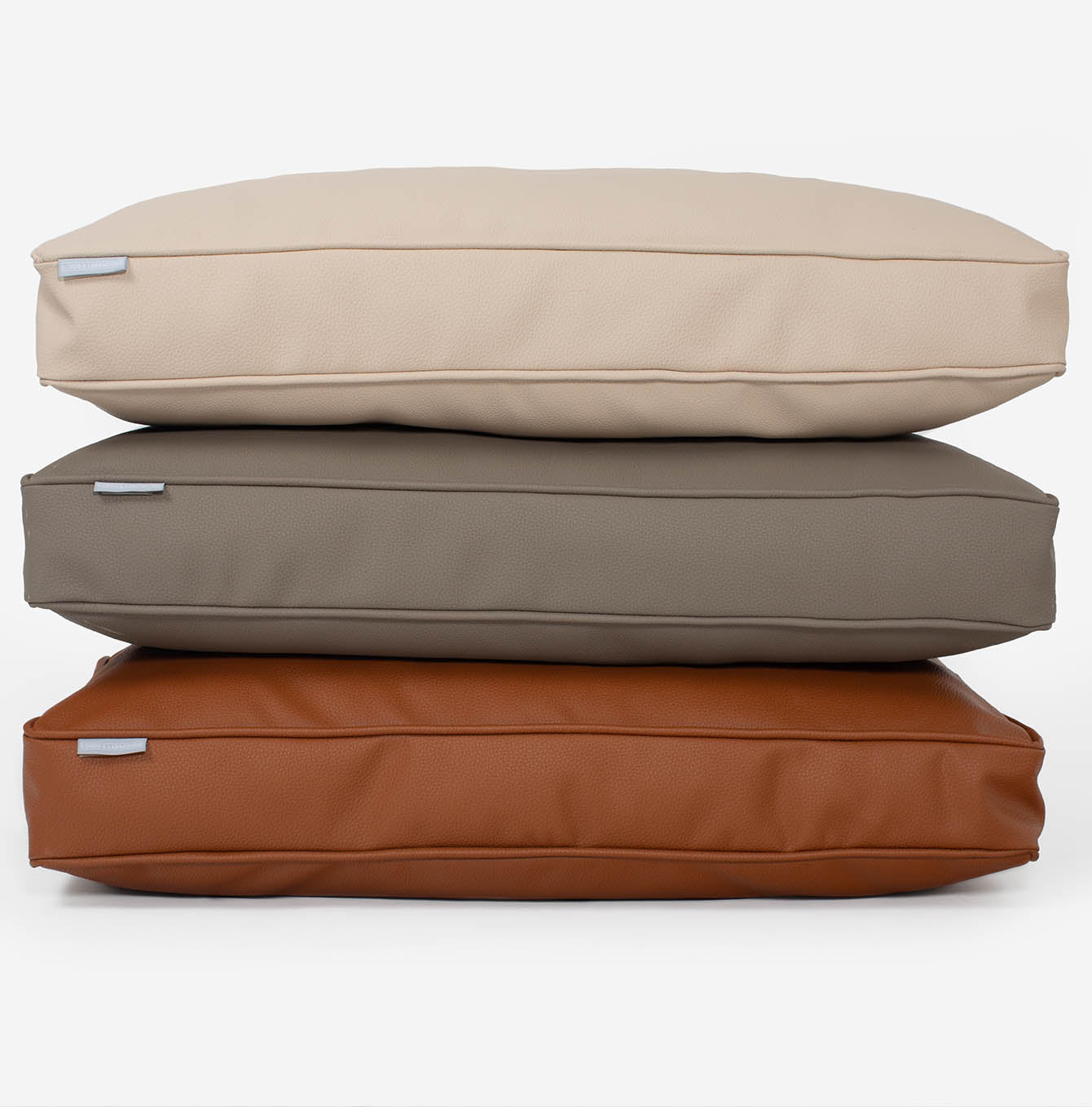Luxury Dog Cushion in Rhino Tough Faux Leather in Sand, Camel and Ember. The Perfect Pet Bed Time Accessory! Available Now at Lords & Labradors