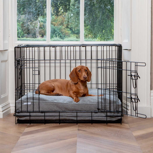 Luxury Dog Crate Cushion, Pewter Herringbone Tweed Crate Cushion The Perfect Dog Crate Accessory, Available To Personalise Now at Lords & Labradors