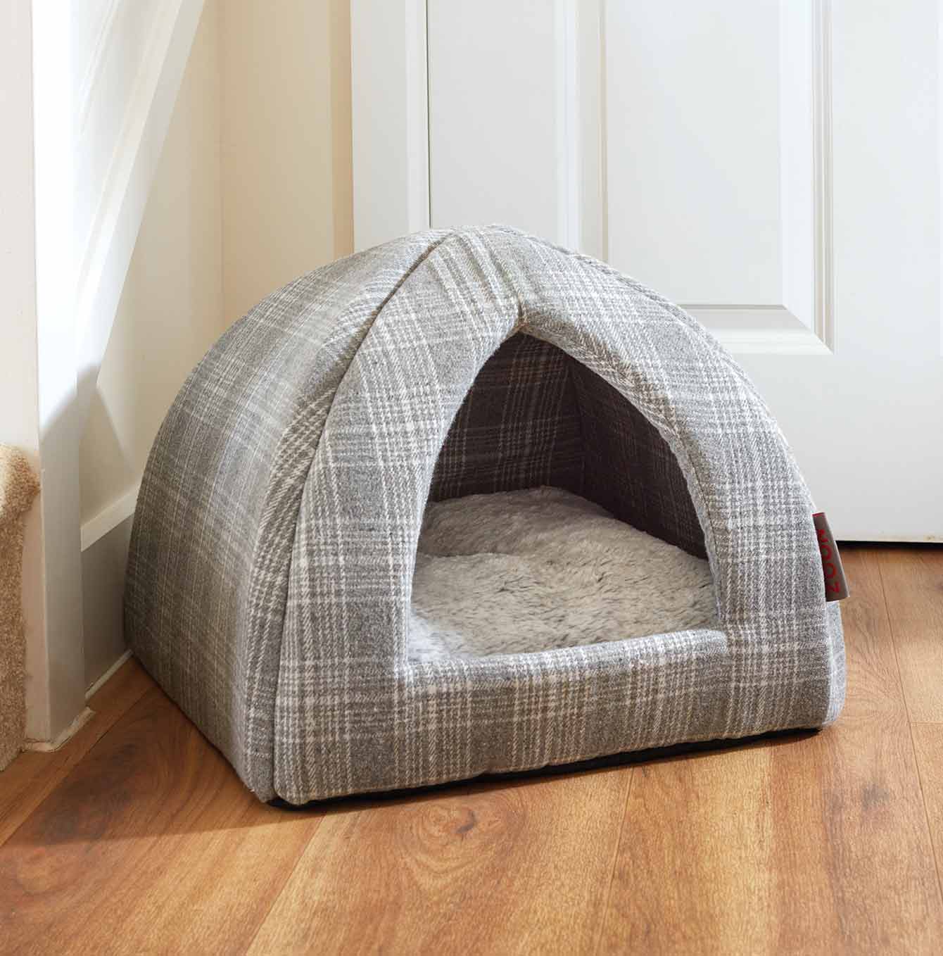 Zoon grey plaid cat igloo