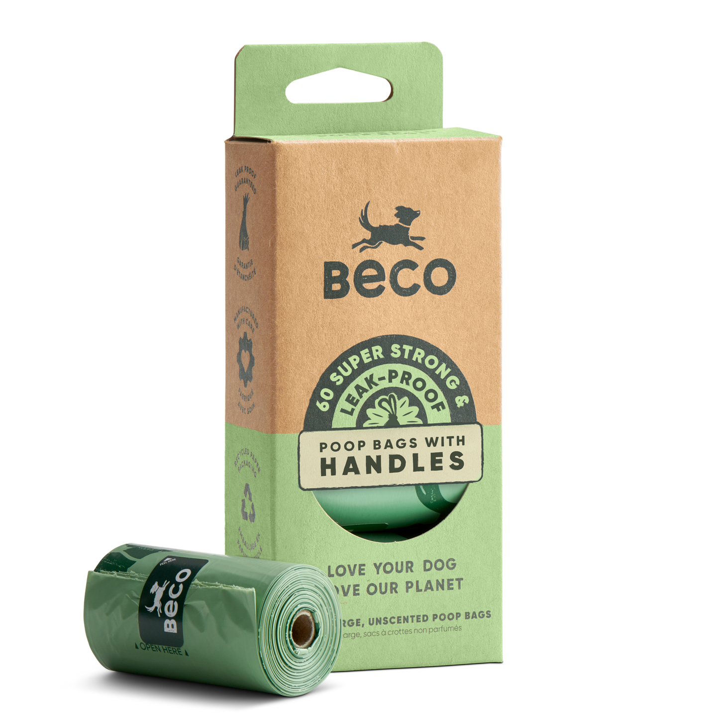 Beco Poop Bags Unscented with Handles - 60 bags on rolls