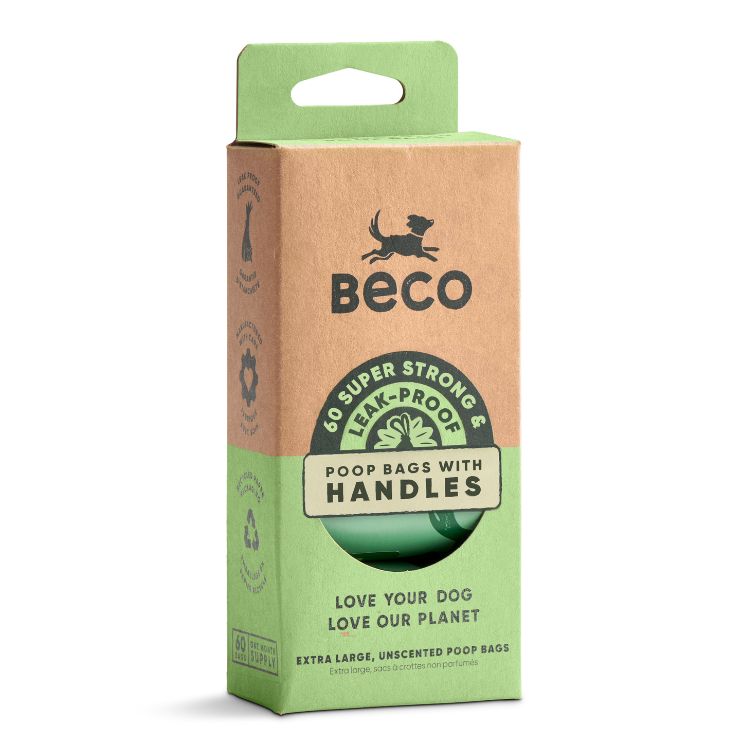 Beco Poop Bags Unscented with Handles - 60 bags on rolls