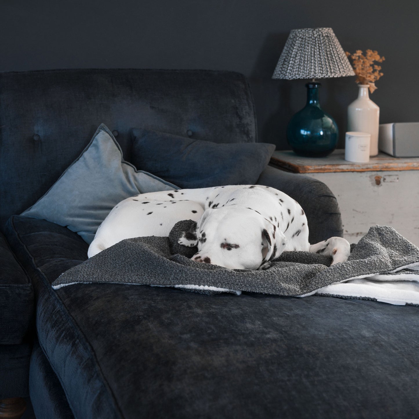 Discover Our Luxurious Dog Blanket In Luxury Granite Bouclé Super Soft Sherpa & Teddy Fleece Lining, The Perfect Blanket For Puppies, Available To Personalise And In 2 Sizes Here at Lords & Labradors