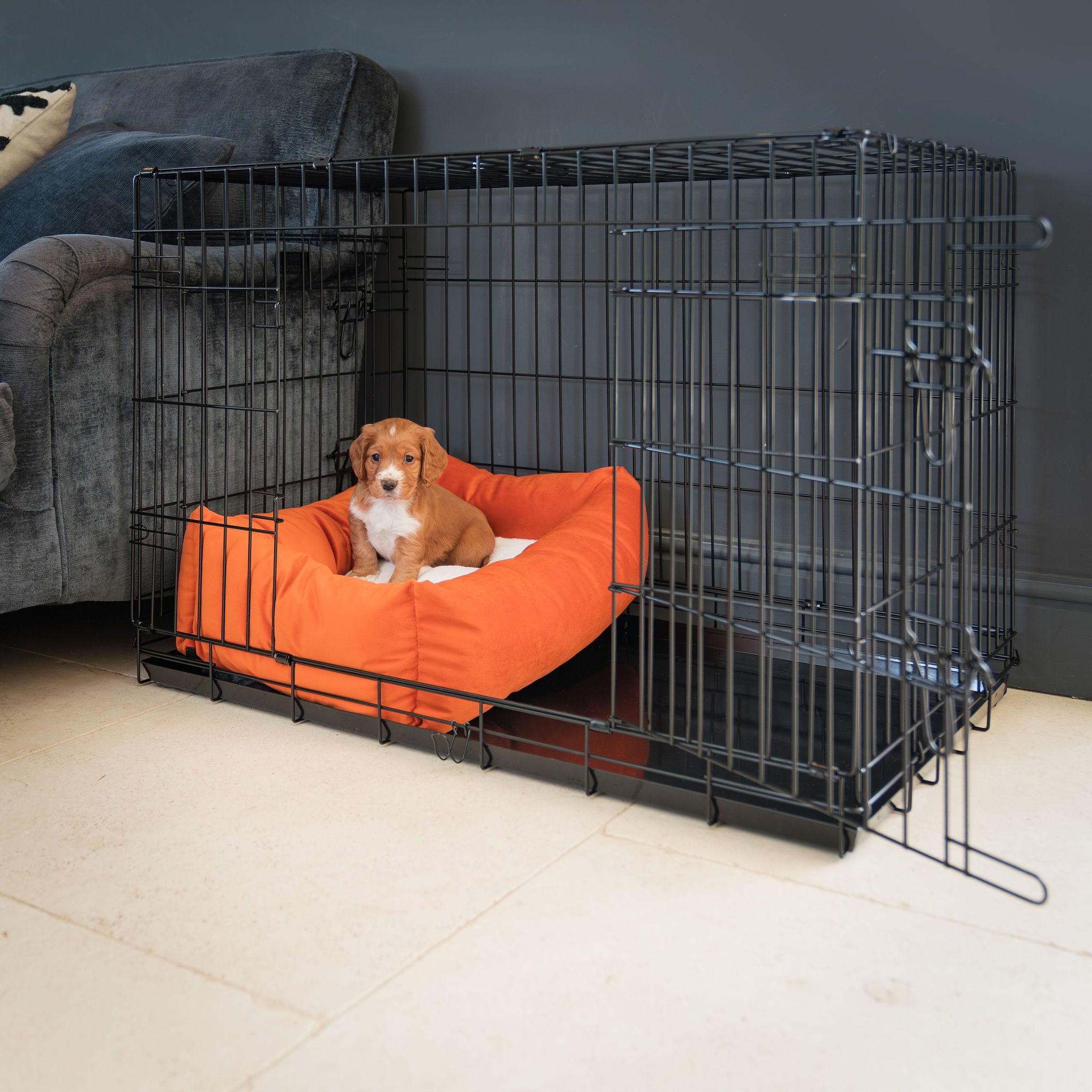 Velvet Cosy & Calm Luxury Puppy Crate Bed In Pumpkin | Lords & Labradors