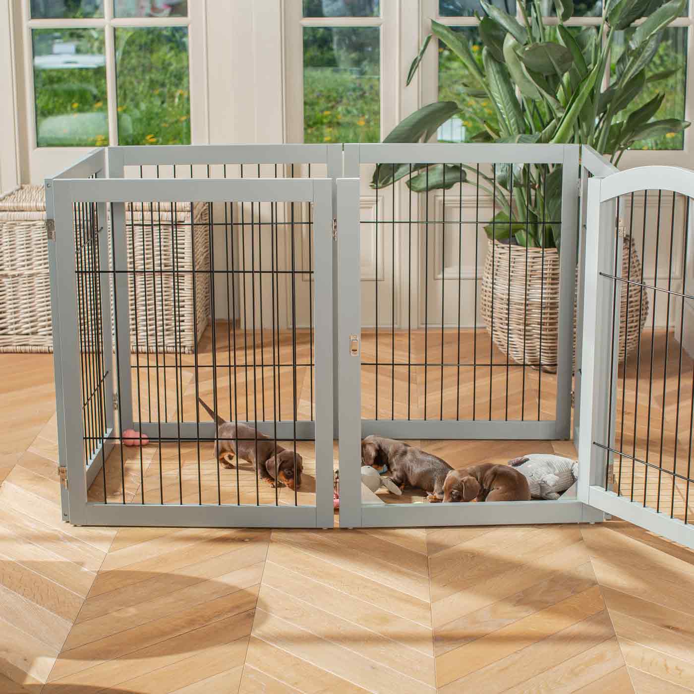 Ensure The Ultimate Puppy Safety with Our Heavy Duty Wooden Puppy Play Pen in Grey or white, Crafted to Take Your Pet Right Through Maturity! Powder Coated to Be Extra Hardwearing! 6 panels that are 80.5cm high! Available To Now at Lords & Labradors