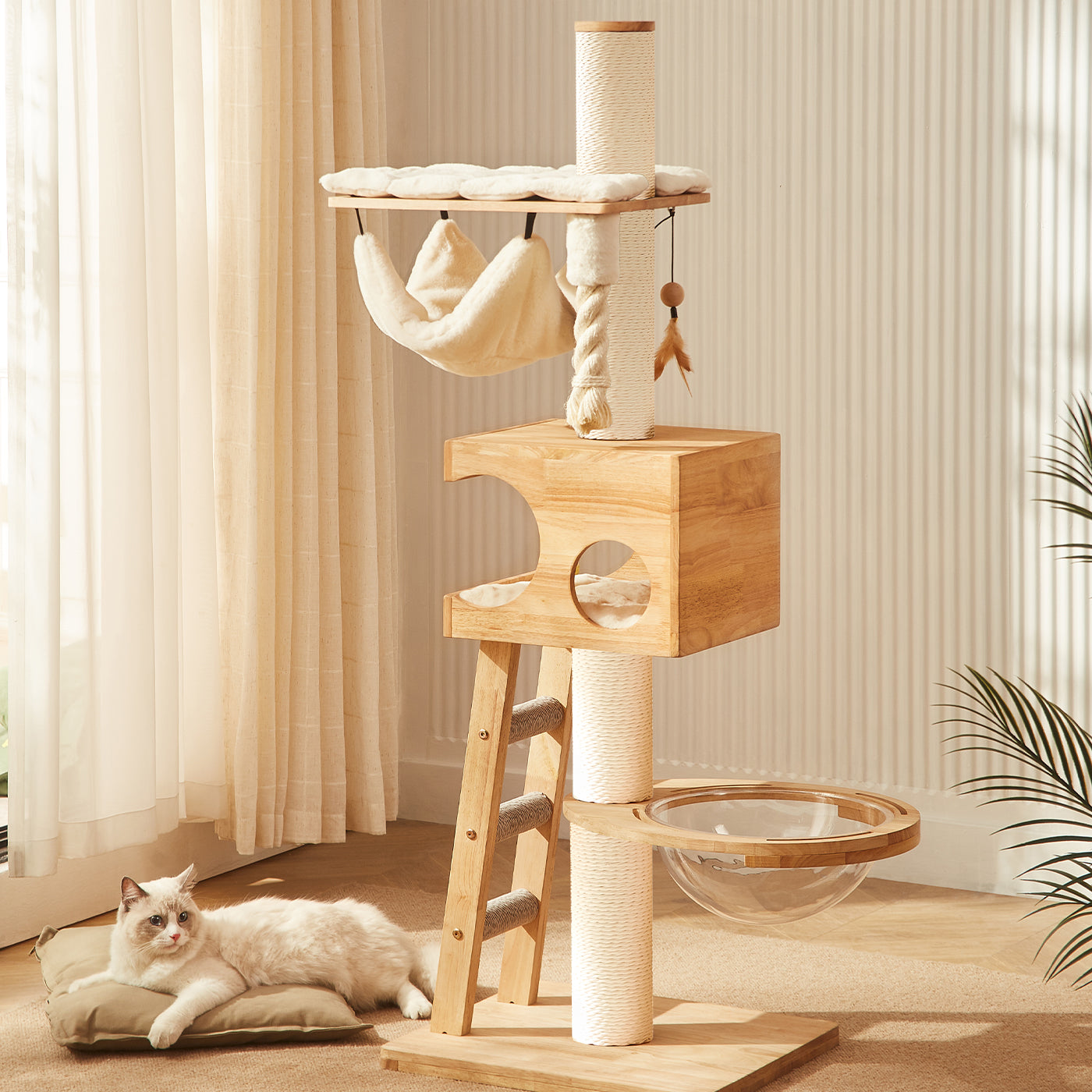 Discover the Ultimate Cat Tree! Helsinki The Levels Cat Play Centre. Present your cat with the perfect cat play centre! Crafted using durable and long-lasting wood, this modern cat play centre features hanging toys to hangout spots, multiple levels for cats to explore, soft, plush hammock to snuggle into and sisal wrapped post for scratching! Available Now at Lords & Labradors  