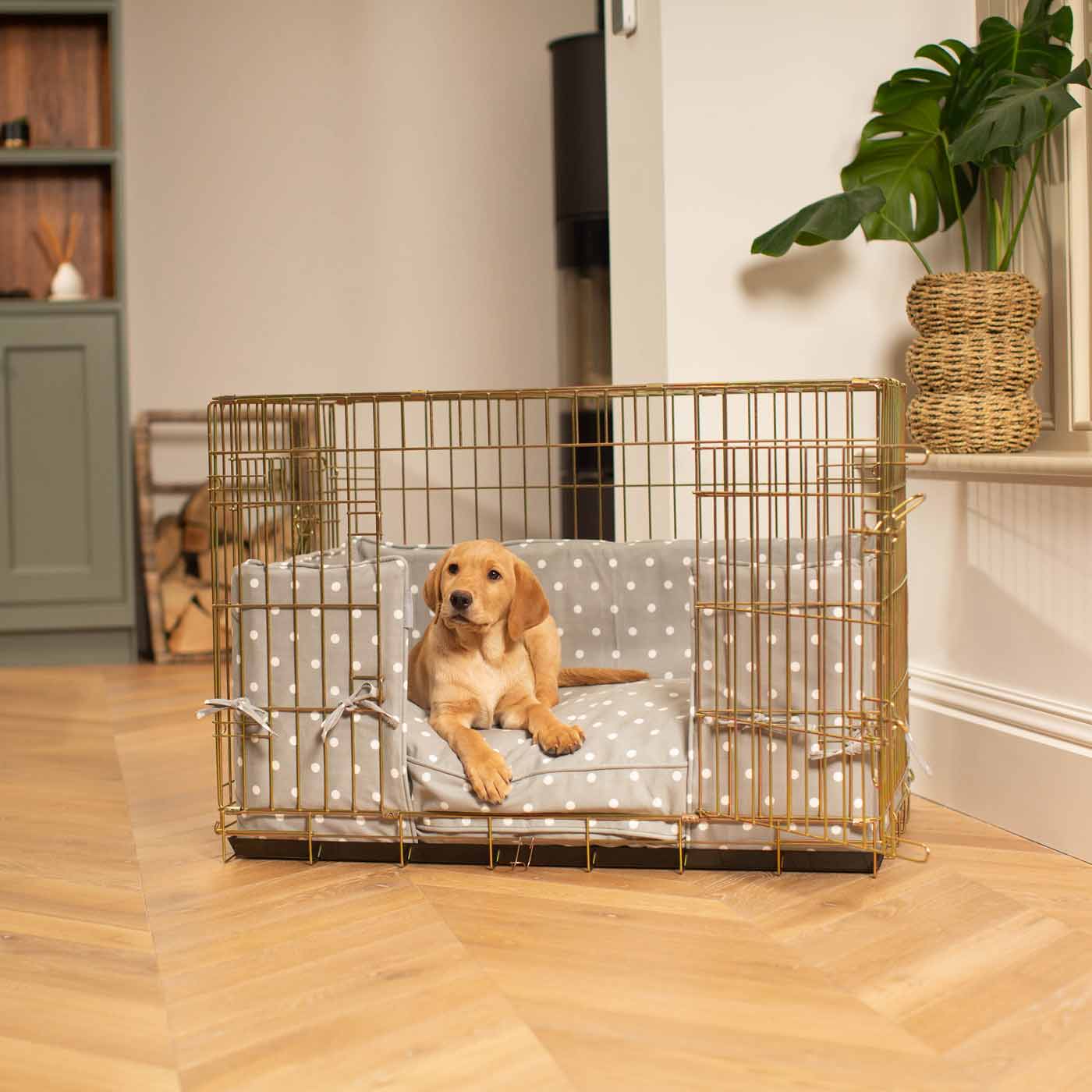 Discover Our Heavy-Duty Dog Crate With Grey Spot Cushion & Bumper! The Perfect Crate Accessories. Available To Personalise Here at Lords & Labradors 