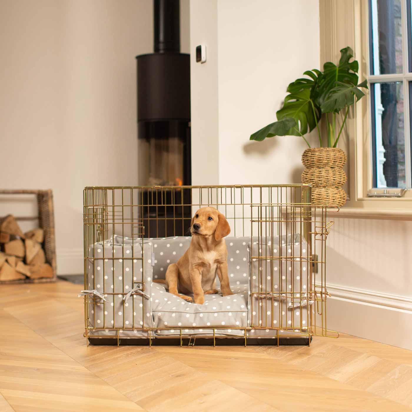 Discover Our Heavy-Duty Dog Crate With Grey Spot Cushion & Bumper! The Perfect Crate Accessories. Available To Personalise Here at Lords & Labradors 