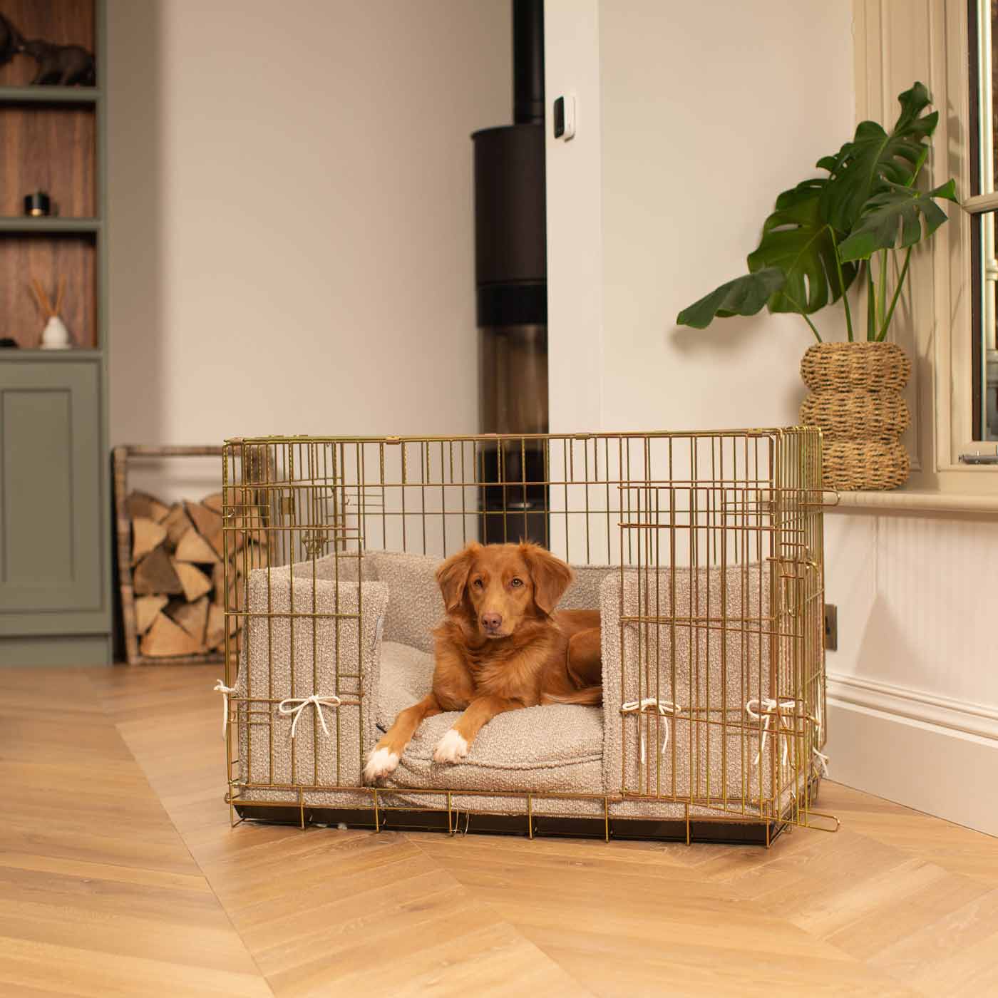 Discover Our Heavy-Duty Dog Crate With Mink Bouclé Cushion & Bumper! The Perfect Crate Accessories. Available To Personalise Here at Lords & Labradors 