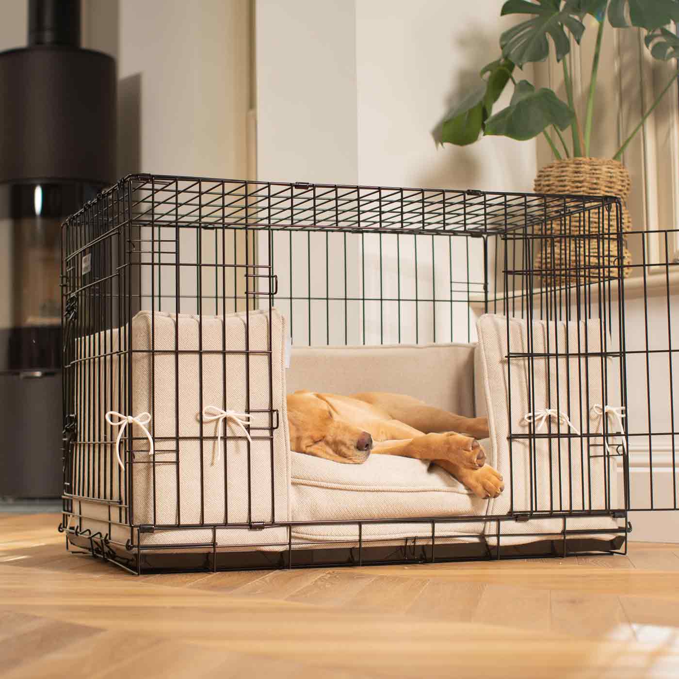 Discover our Luxury Dog Crate Bumper, in Natural Herringbone. The Perfect Dog Crate Accessory, Available To Personalise Now at Lords & Labradors