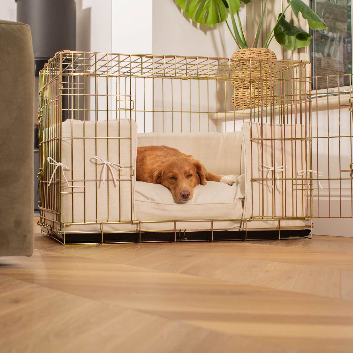 Discover our Luxury Dog Crate Bumper, in Savanna Bone. The Perfect Dog Crate Accessory, Available To Personalise Now at Lords & Labradors