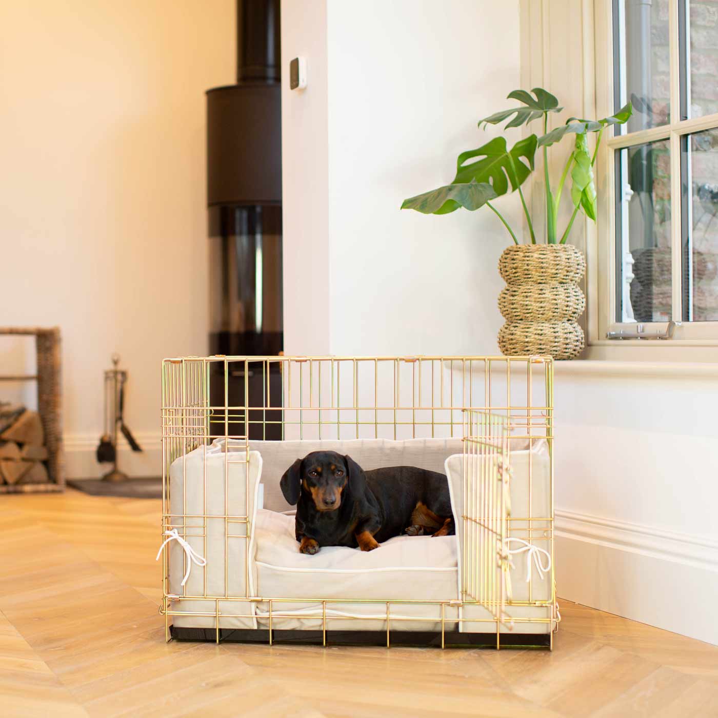Discover Our Heavy-Duty Dog Crate With Savanna Oatmeal Cushion & Bumper! The Perfect Crate Accessories. Available To Personalise Here at Lords & Labradors 