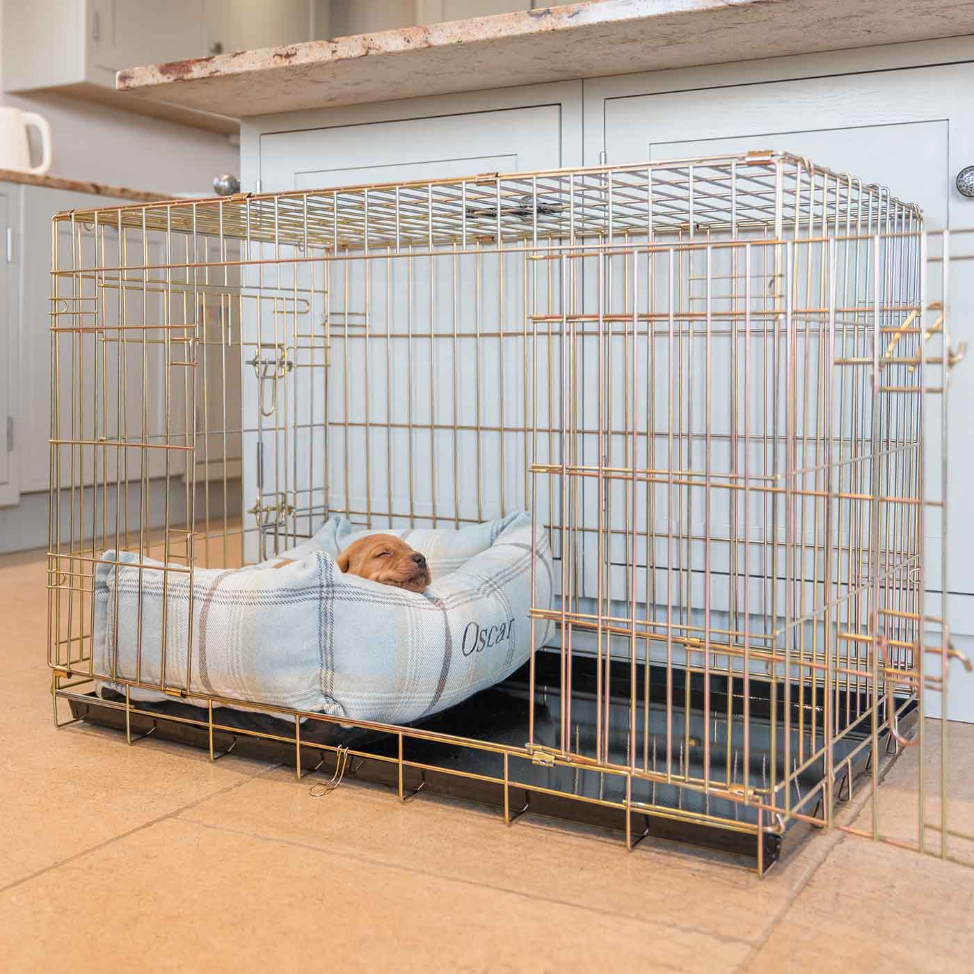 Discover Our Heavy-Duty Dog Crate With Duck Egg Tweed Cosy & Calming Puppy Crate Bed Set! The Perfect Crate Bed For Pet Burrow. Available To Personalise Here at Lords & Labradors 