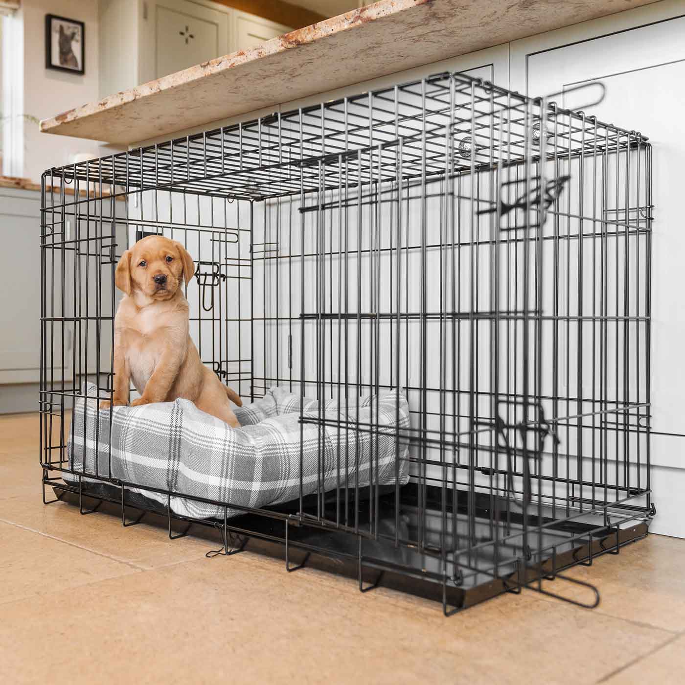  Cosy & Calm Puppy Crate Bed, The Perfect Dog Crate Accessory For The Ultimate Dog Den! In Stunning Dove Grey Tweed! Available Now at Lords & Labradors
