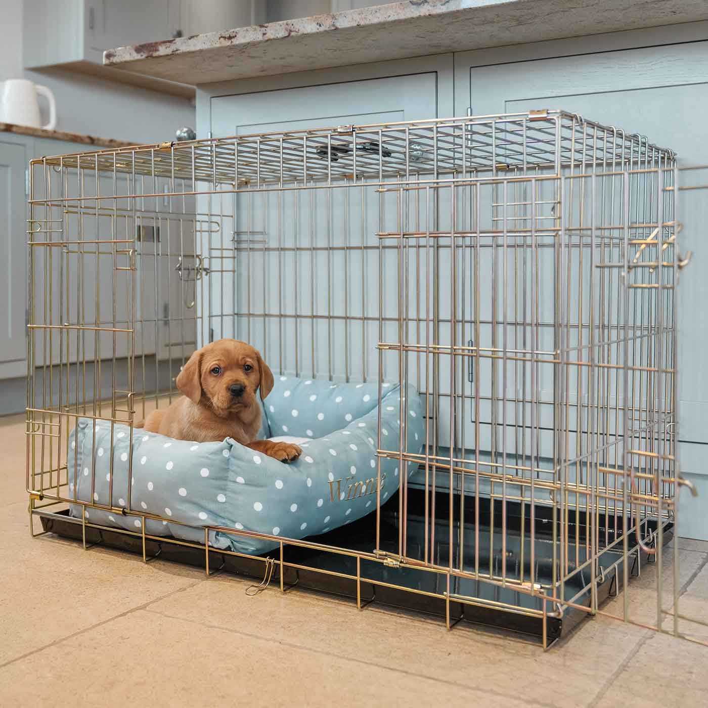  Cosy & Calm Puppy Crate Bed, The Perfect Dog Crate Accessory For The Ultimate Dog Den! In Stunning Duck Egg Spot! Available Now at Lords & Labradors