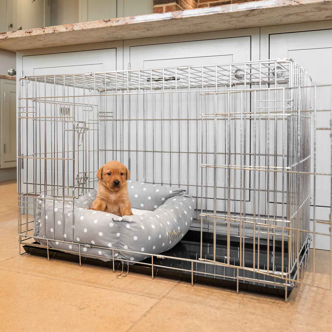  Cosy & Calm Puppy Crate Bed, The Perfect Dog Crate Accessory For The Ultimate Dog Den! In Stunning Grey Spot! Available Now at Lords & Labradors