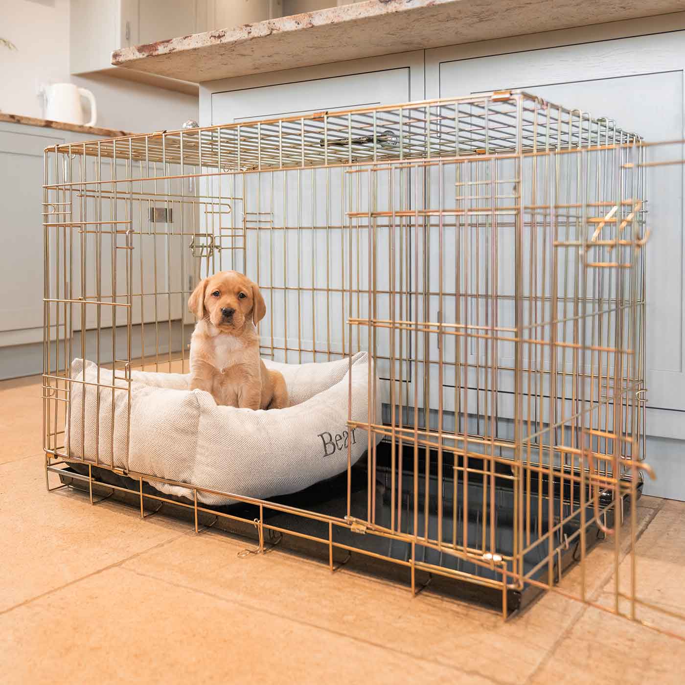 Discover Our Heavy-Duty Dog Crate With Natural Herringbone Cosy & Calming Puppy Crate Bed Set! The Perfect Crate Bed For Pet Burrow. Available To Personalise Here at Lords & Labradors 