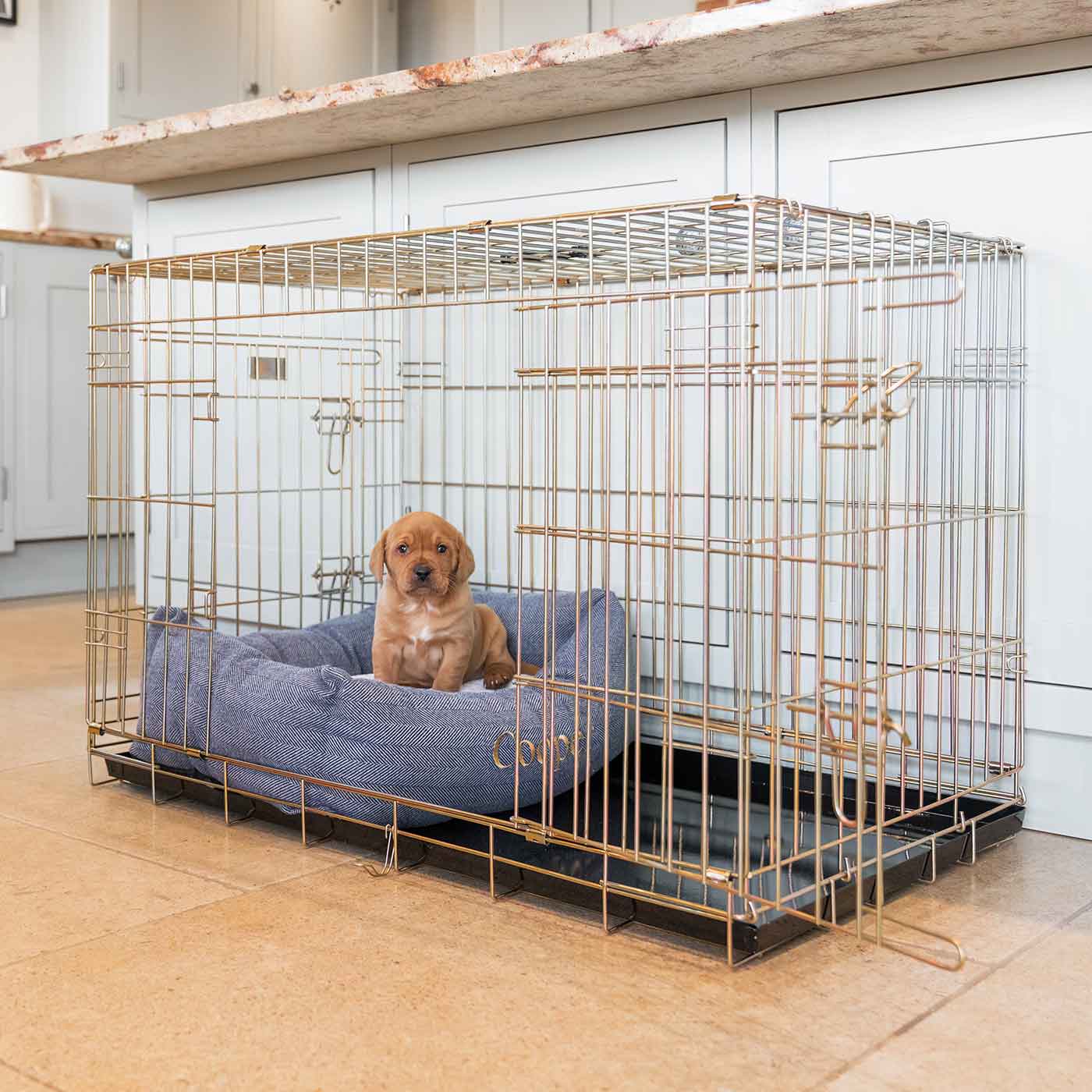 Gold Dog Crate with Oxford Herringbone Cosy & Calming Puppy Crate Bed Set By Lords & Labradors